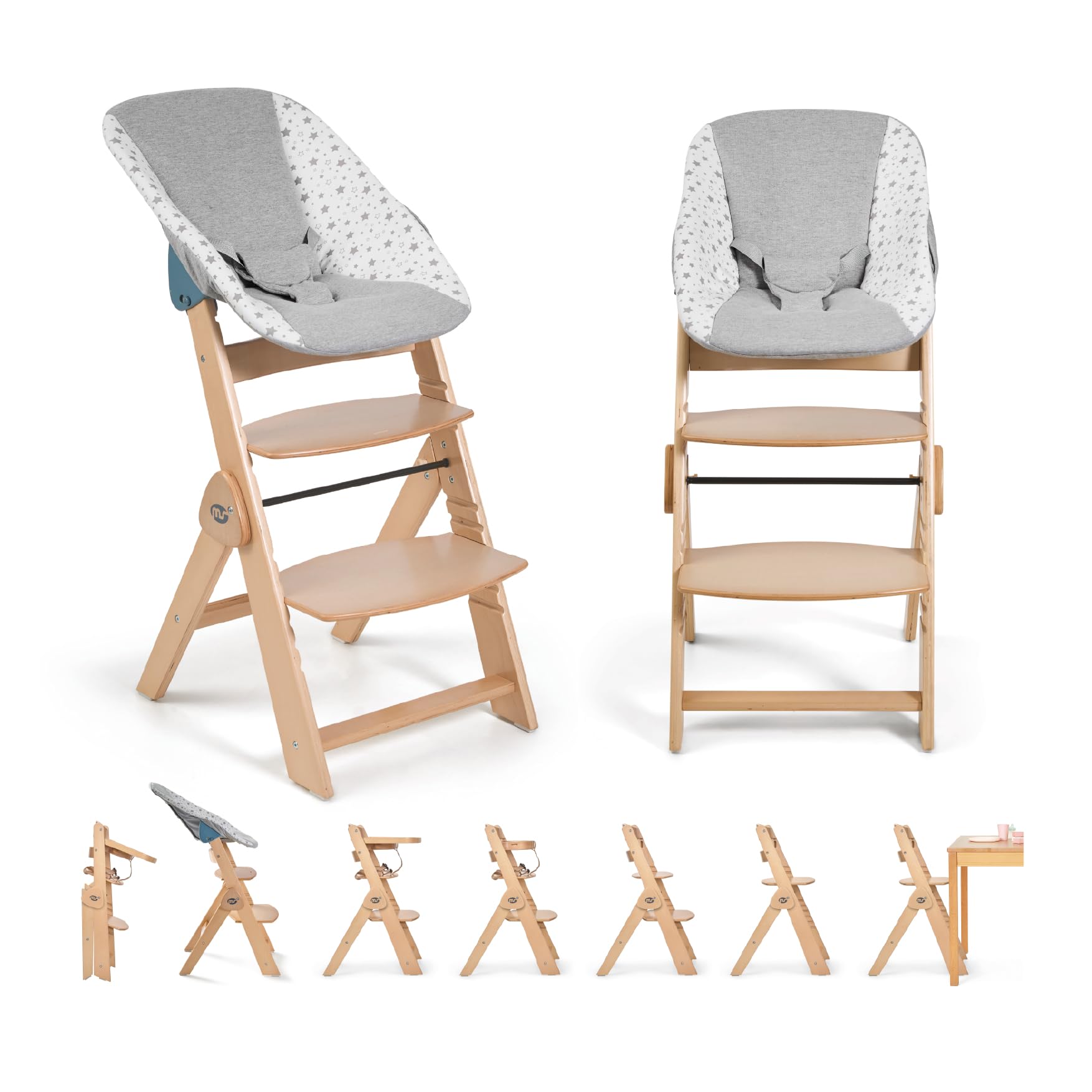 ms BabyWorld - FULL PLUS HAMACA - Trona para bebé de Madera FULL PLEGABLE + HAMACA | Evolutiva | Silla Alta | Ergonómica | Regulable | Segura | 2 posiciones de recinado