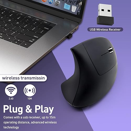 Miniatura 4 de Scettar Ratón ergonómico inalámbrico vertical, ratón de túnel carpiano de 2.4 G, 6 botones ajustables DPI 80012001600, reduce el dolor de muñeca,