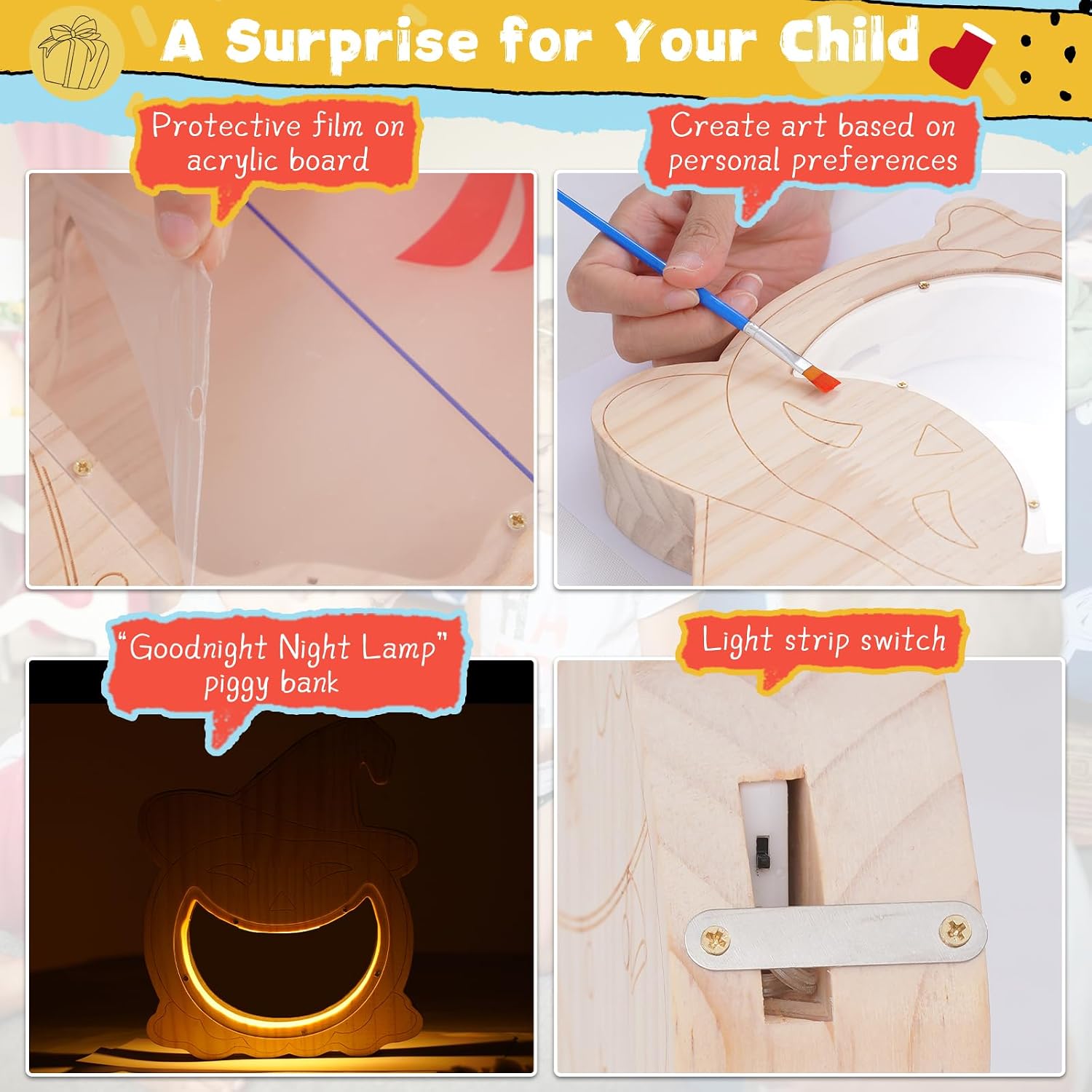 Condition photo showing New/Like New for pumpkin piggy bank for kids with led light, glow in dark unbreakable wooden piggy bank with diy colors, kids safe bank for birthday