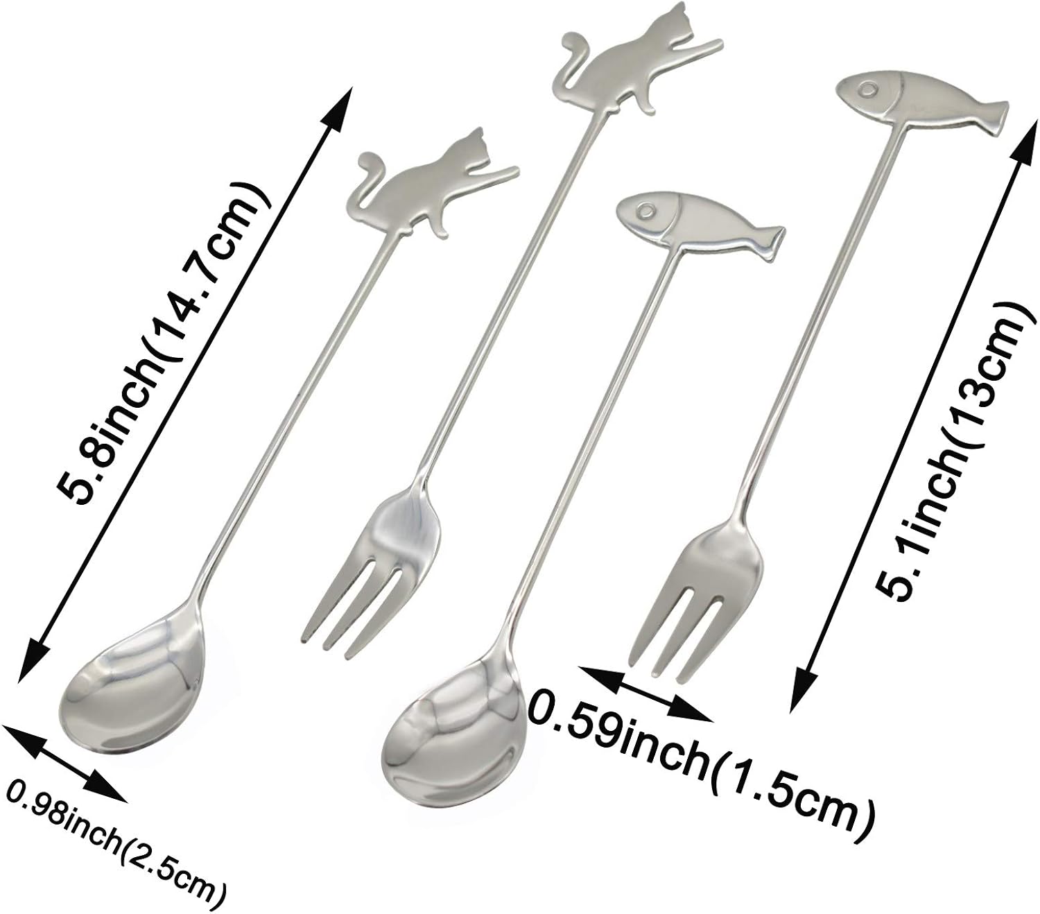 Maydahui 6 PCS Cat Fish Spoon and Fork 5.8 inch 18/10（304）Stainless Steel image 2