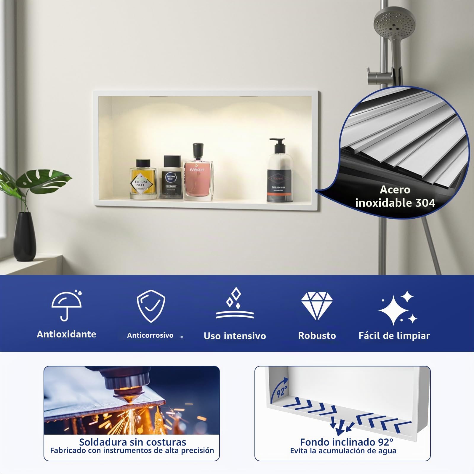 Ducha de pared de acero inoxidable con downlight, 60 cm x 30 cm, resistente al agua, no requiere azulejos, almacenamiento de baño, nicho, color blanco