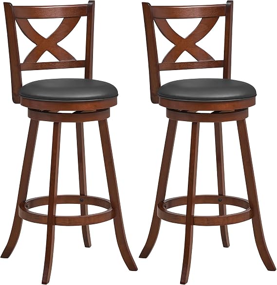 Giantex Set Of 2 Swivel Bar Stools, 29" Height, PVC Leather & Rubber Wood - Black, For Kitchen, Bar, Or Pub