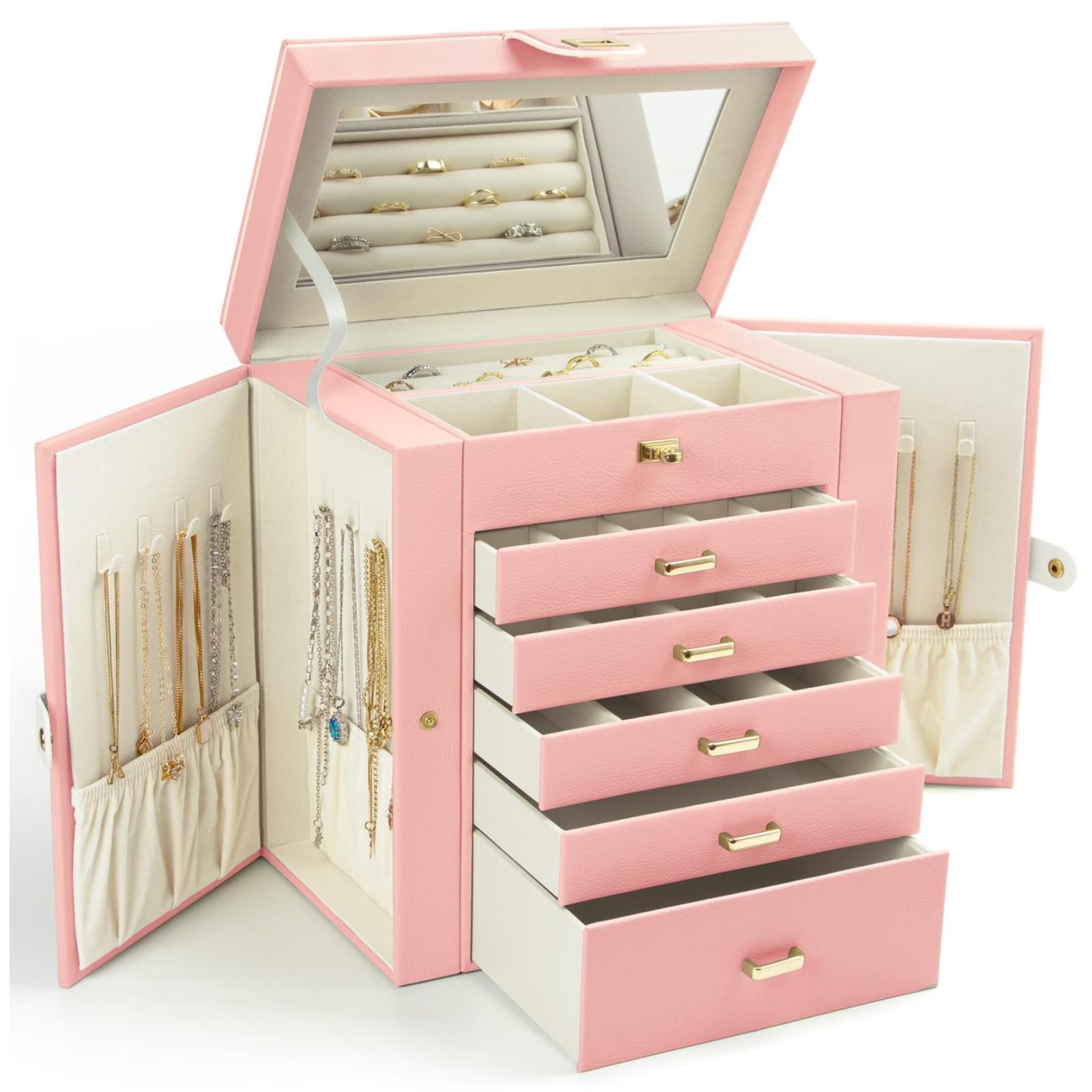 BOOVO Portagioie Multistrato Con Serratura - Organizer In Pelle PU Rosa Con 28 Slot Anelli, 15 Ganci E 98 Fori Per Orecchini