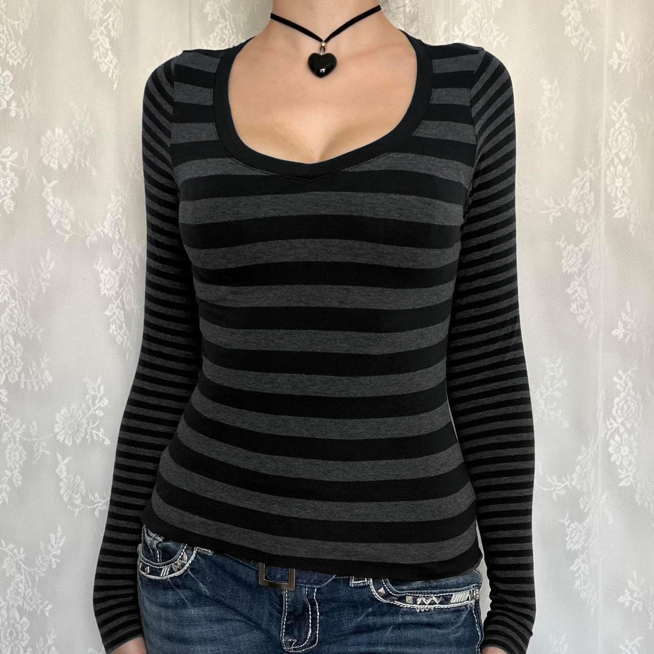 Women Y2k Striped Slim Tee Teen Girls Fairy Grunge Long Sleeve Knit Top Harajuku Aesthetic Fall Vintage Shirt - Image 2