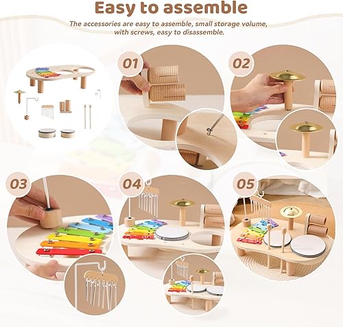 Miniatura 6 de Promise Babe Juego de batería de madera para niños pequeños de 1 a 3 años, instrumentos de percusión musical para niños, juego de batería para