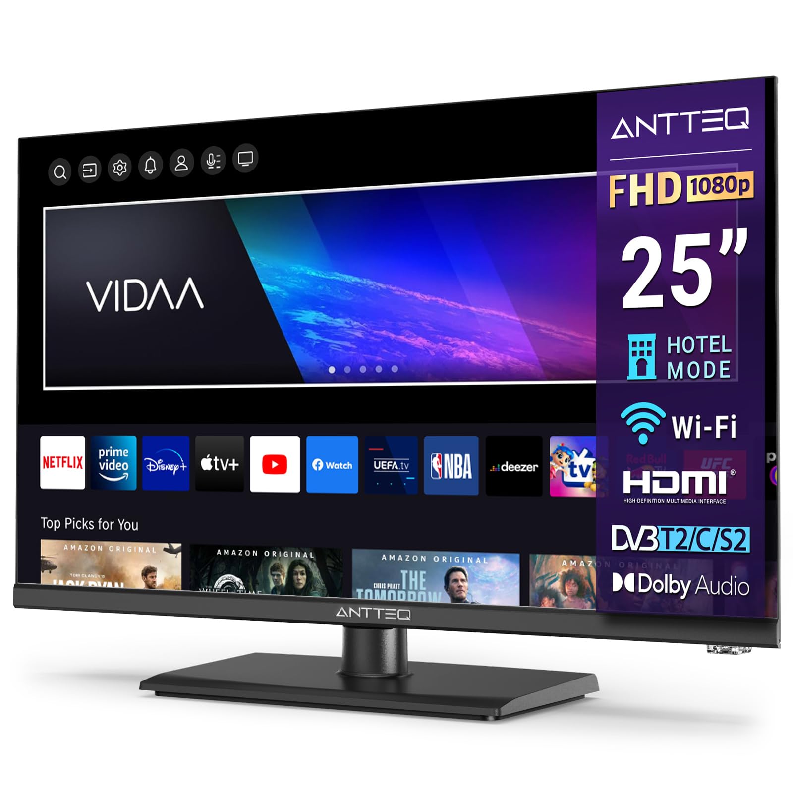 Antteq V25-AF3Q1 Smart TV 25 Pouces (64cm) Full HD,Vidaa OS Télévision avec Triple Tuner Appli Mobile,APP Store,Netflix/DAZN/WiFi, HDMI