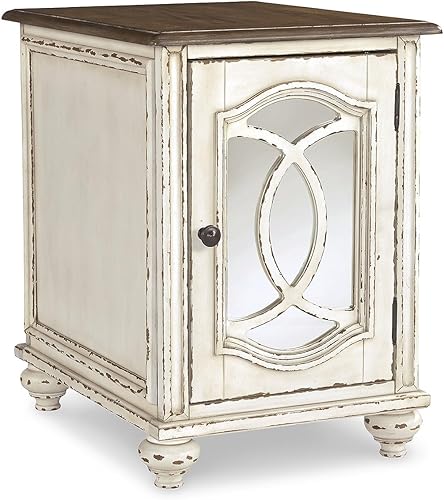 Signature Design by Ashley Realyn Farmhouse - Mesa auxiliar con gabinete para almacenamiento, color blanco antiguo y marrón