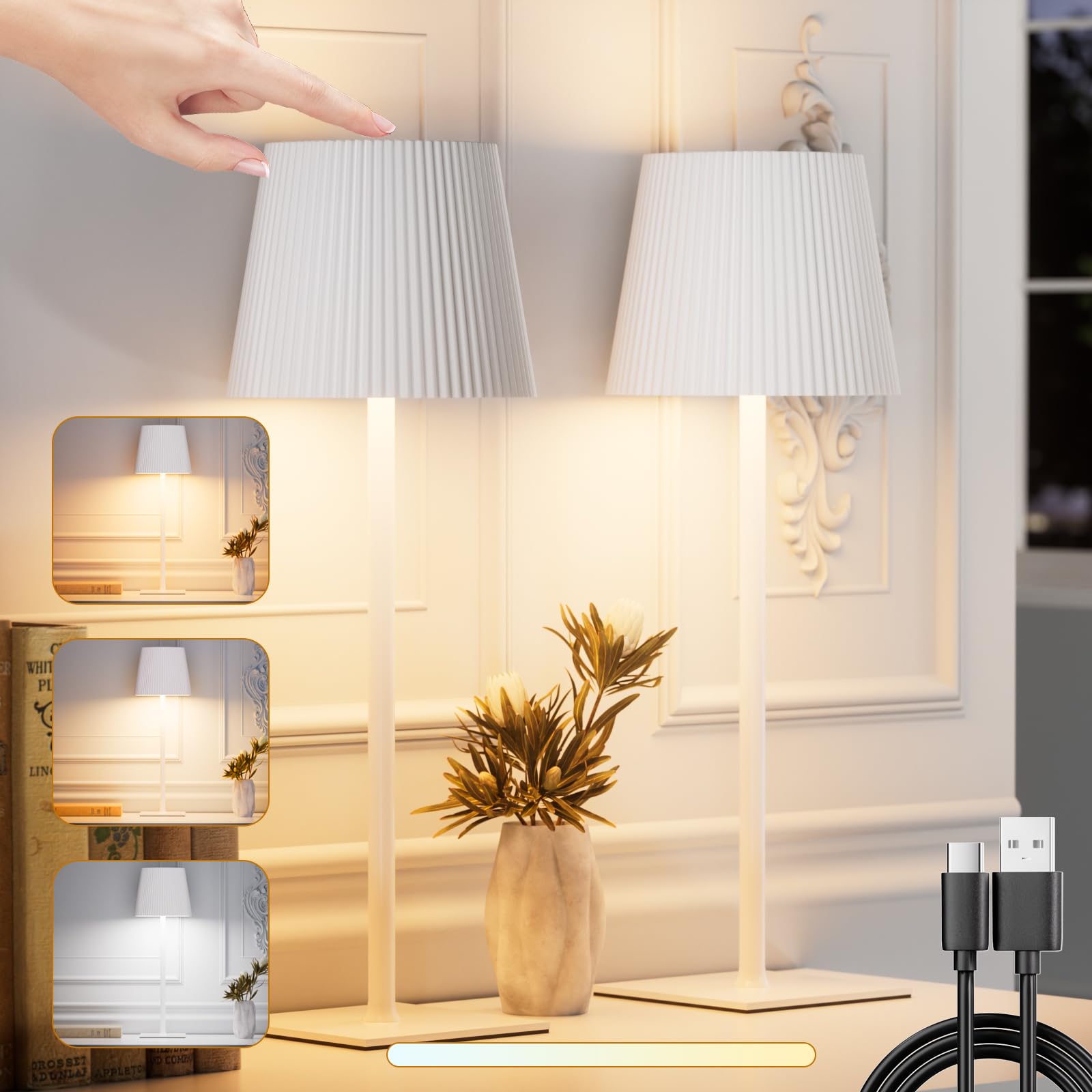 Lampada da Tavolo Senza Fili Touch Dimmerabile Ricaricabile 3 colori 4800mah Luce Notturna Lampada da Comodino USB-C Metallo Adatto per interni ed esterni Bianco (2 pezzi)