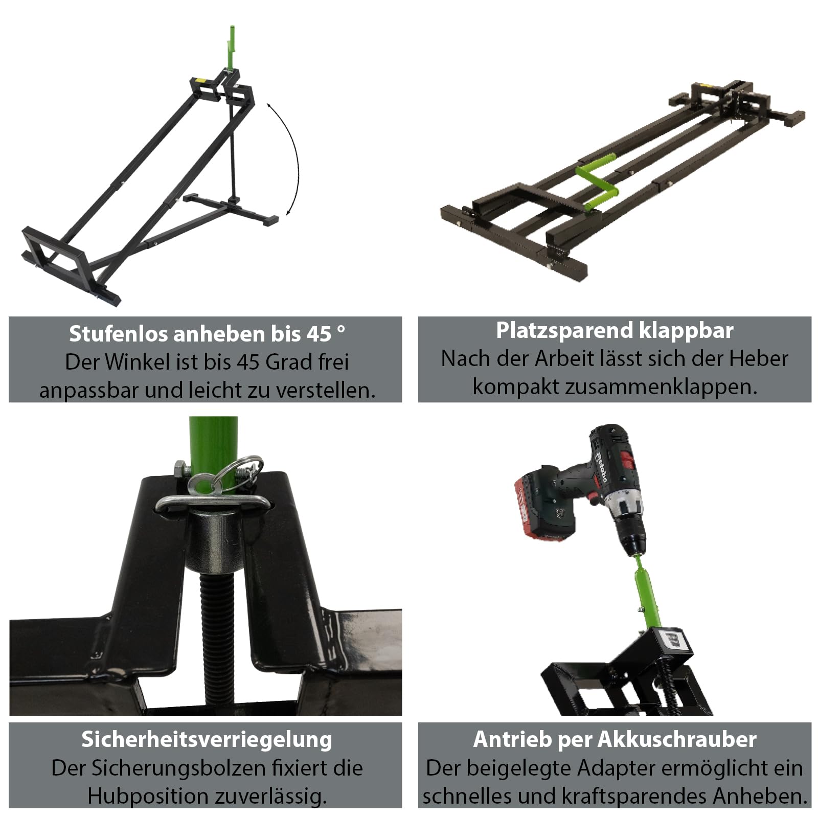 TRUTZHOLM Rasentraktorheber Heber für Rasentraktoren, Aufsitzmäher, 400 kg, Handkurbel und Adapter für Akkuschrauber Betrieb, stufenlos verstellbar, Neigung verstellbar platzsparend verstauen