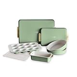 Bakeware Set&comma; 7 Piece Nonstick Ceramic Gold Handle Baking Sheets&comma; Cake Pans&comma; Loaf Pan&comma; Muffin Tin&comma; Cooling Rack&comma; PFAS & BPA Free&comma; Freezer to Oven Dish&comma; Bake & Roast Ovenware&comma; Sage Green