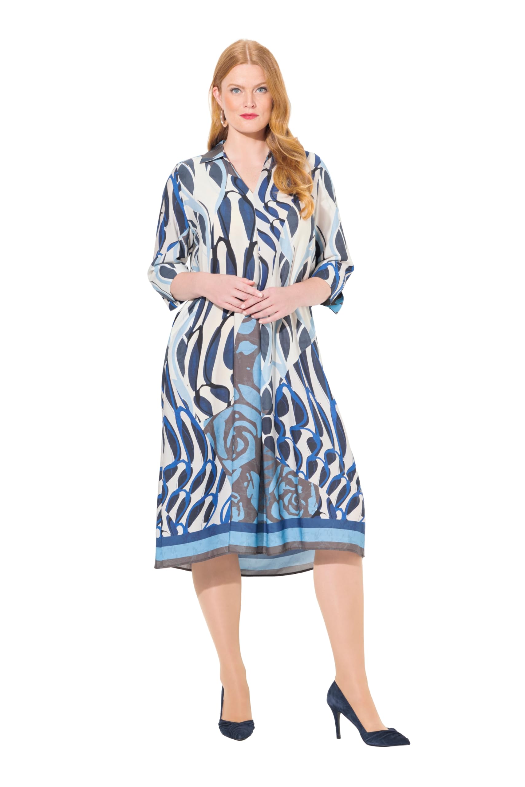Ulla Popken Damen große Größen Übergrößen Plus Size Lyocell-Midikleid, A-Linie, Hemdkragen, 3/4-Arm 834872
