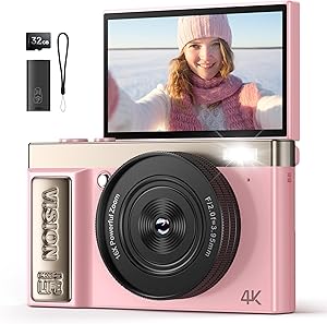 4K Digital Camera Pink for Girls Teens: 64MP Vlogging Camera with Flip Screen – 16X Zoom – Cute Compact Cam for Photograph…