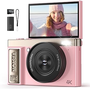 Digital Camera 4K 64MP Camera Photo Camera Digital Camera for Vlog - Vintage Photo Camera Girls - Selfie Digital Camera - Gifts for Teenagers Boys Girls 10-18 Years - 180  Folding Screen Pink