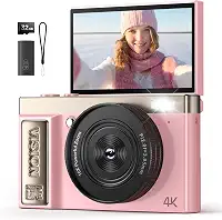Câmera digital 4K rosa para meninas adolescentes: Câmera vlogging de 64 MP com tela flip - Zoom de 16X - Câmera compacta fofa para fotografia e YouTube - Presente estético de apontar e fotografar para