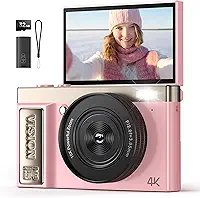 Câmera digital 4K rosa para meninas adolescentes: Câmera vlogging de 64 MP com tela flip - Zoom de 16X - Câmera compacta fofa para fotografia e YouTube - Presente estético de apontar e fotografar para