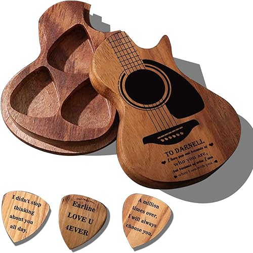 Púas de guitarra personalizadas, púas de guitarra personalizadas con estuche, soporte de púas de guitarra de madera grabada, regalo para hijo,