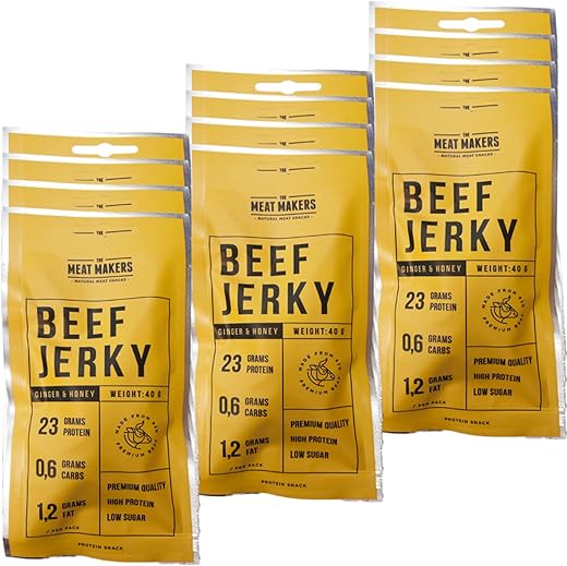 THE MEAT MAKERS High Protein Snack Ginger & Honey Beef Jerky Sport Snack 480g (12x40g) Jerky Beef Snack High Protein - Low Calorie Dry Meat Snack for Human