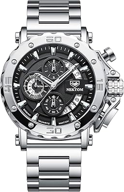 NEKTOM Watches for Men with Stainless Steel, Quartz Analog Watch with Date, Luxury Minimalist Dress Mens Watches, Chronograph Watch, 3ATM Waterproof, Black Wristwatch, Gifts for Men