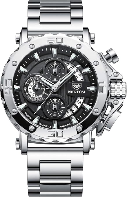 NEKTOM Watches for Men with Stainless Steel, Quartz Analog Watch with Date, Luxury Minimalist Dress Mens Watches, Chronograph Watch, 3ATM Waterproof, Black Wristwatch, Gifts for Men