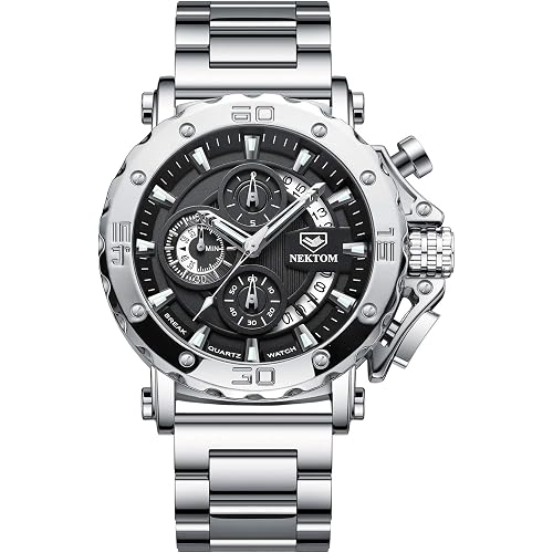NEKTOM Watches for Men with Stainless Steel, Quartz Analog Watch with Date, Luxury Minimalist Dress Mens Watches, Chronograph Watch, 3ATM Waterproof, Black Wristwatch, Gifts for Men