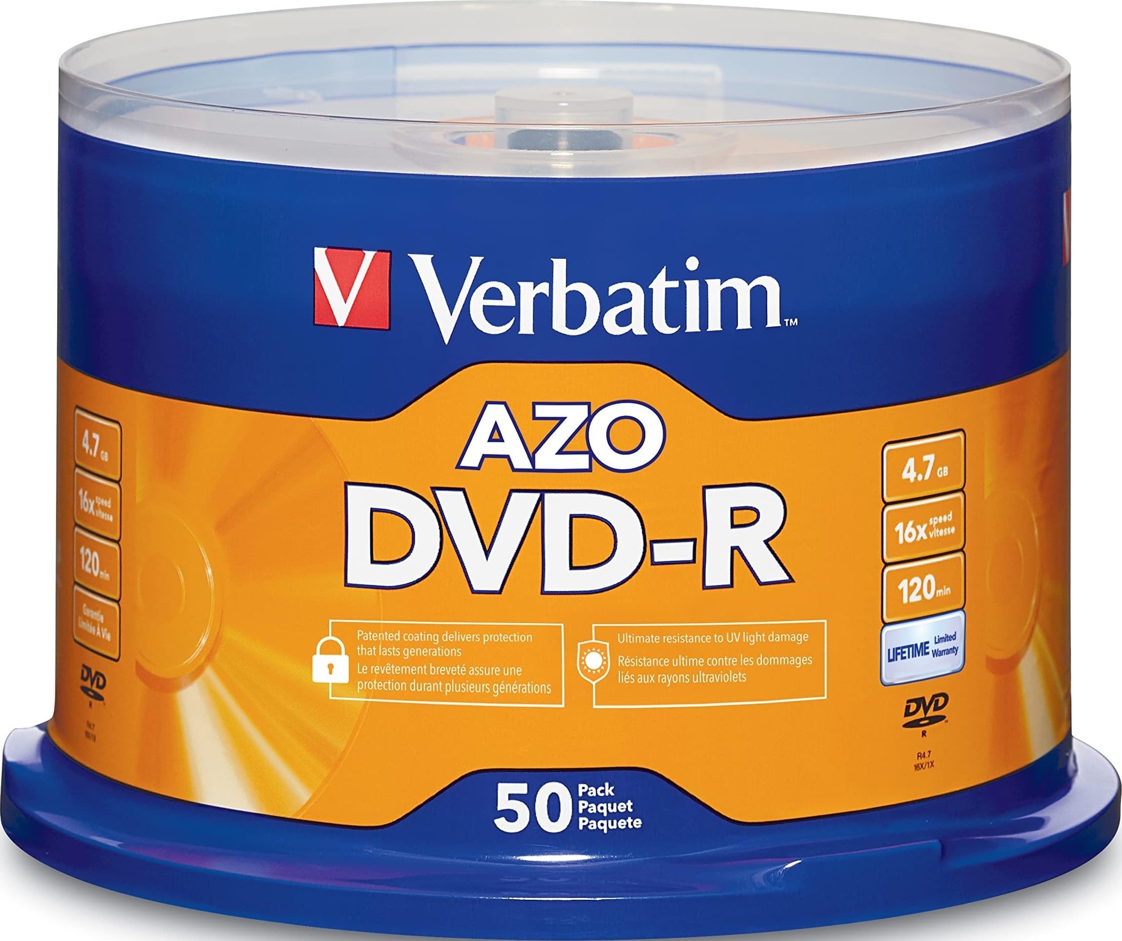 Verbatim DVD-R Blank Discs AZO Dye 4.7GB 16X Recordable Disc - 50 Pack Spindle