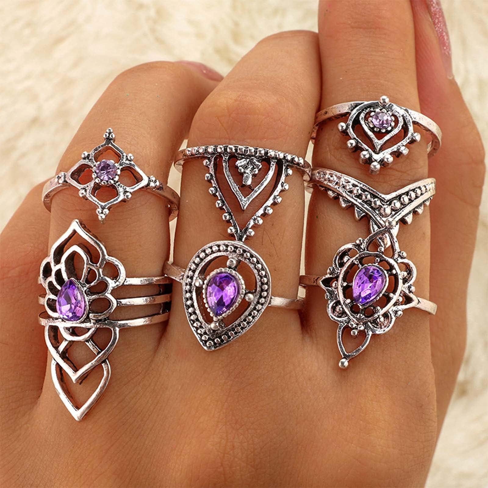 YienDoo Boho Vintage Gemstone Knuckle Rings Set Silver Waterdrop Crystal Joint Rings Stackable Carved Flower Index Finger Rings Little Finger Ring for Women and Teen Girls (7Pcs)