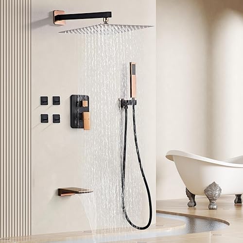 Vista 46 de Juego completo de grifo de ducha con sistema de ducha con boquilla de bañera, montado en la pared con cabezal de ducha de lluvia de 10 pulgadas