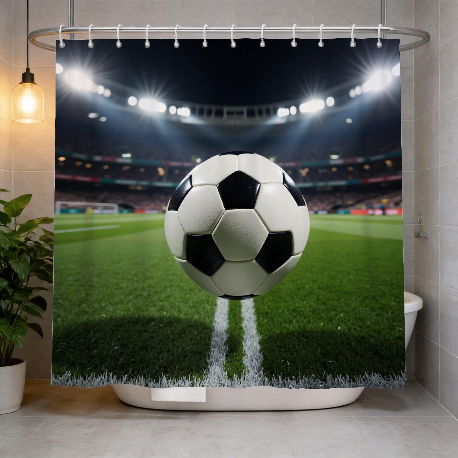Hongduo 3D Football Print Shower Curtain for Stalls Bathtubs Teens Football Field Bathroom Decor Shower Curtain Set Polyester Fabric Waterproof 200x200cm/79X79 Inch with Hooks
