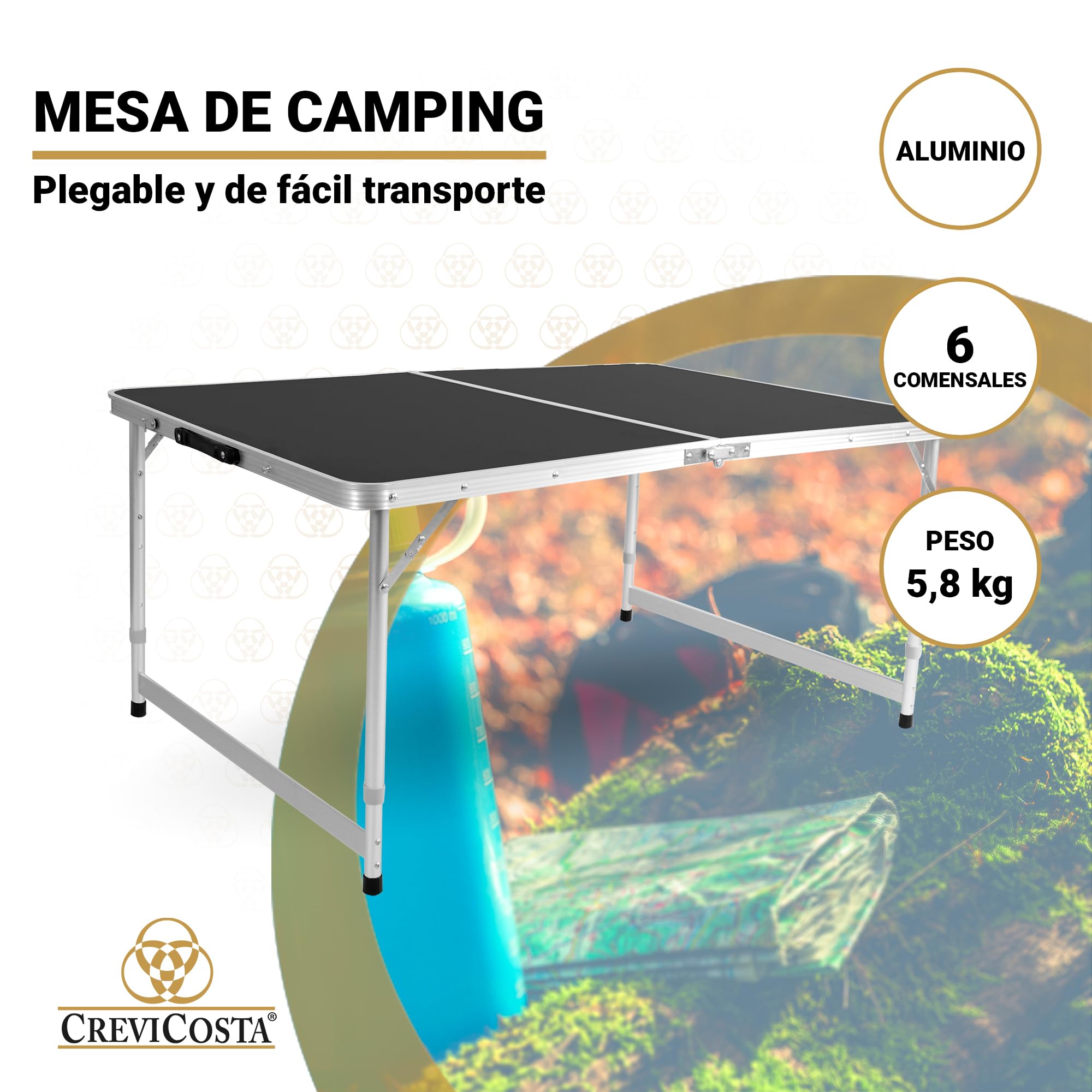CREVICOSTA QUALITY MARK MARCAS DE CALIDAD - Mesa de Camping Plegable Rectangular 120x80 cm con Asa de Transporte