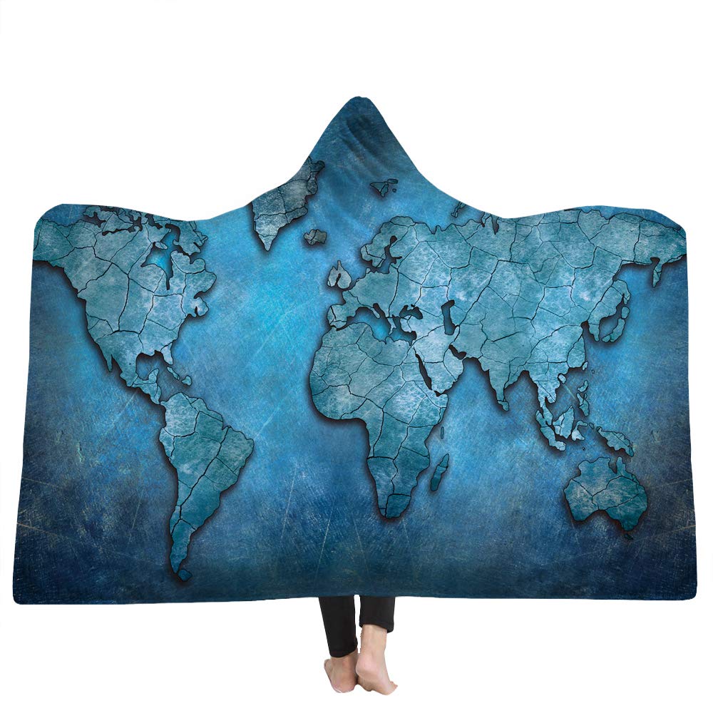Chickwin Hooded Blanket for Adult Kids, 3D World Map Print Cape Throw Wrap Robe Blanket With Hood Wearable Throw Cloak Sofa Blankets Winter Sofa TV Lazy (200x150cm,Glacier Blue)