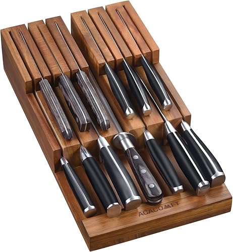 Acacomft Bloque de cuchillos en el cajón, organizador de cuchillos de cocina de madera de acacia, soporte para cuchillos sin cuchillos para hasta 12
