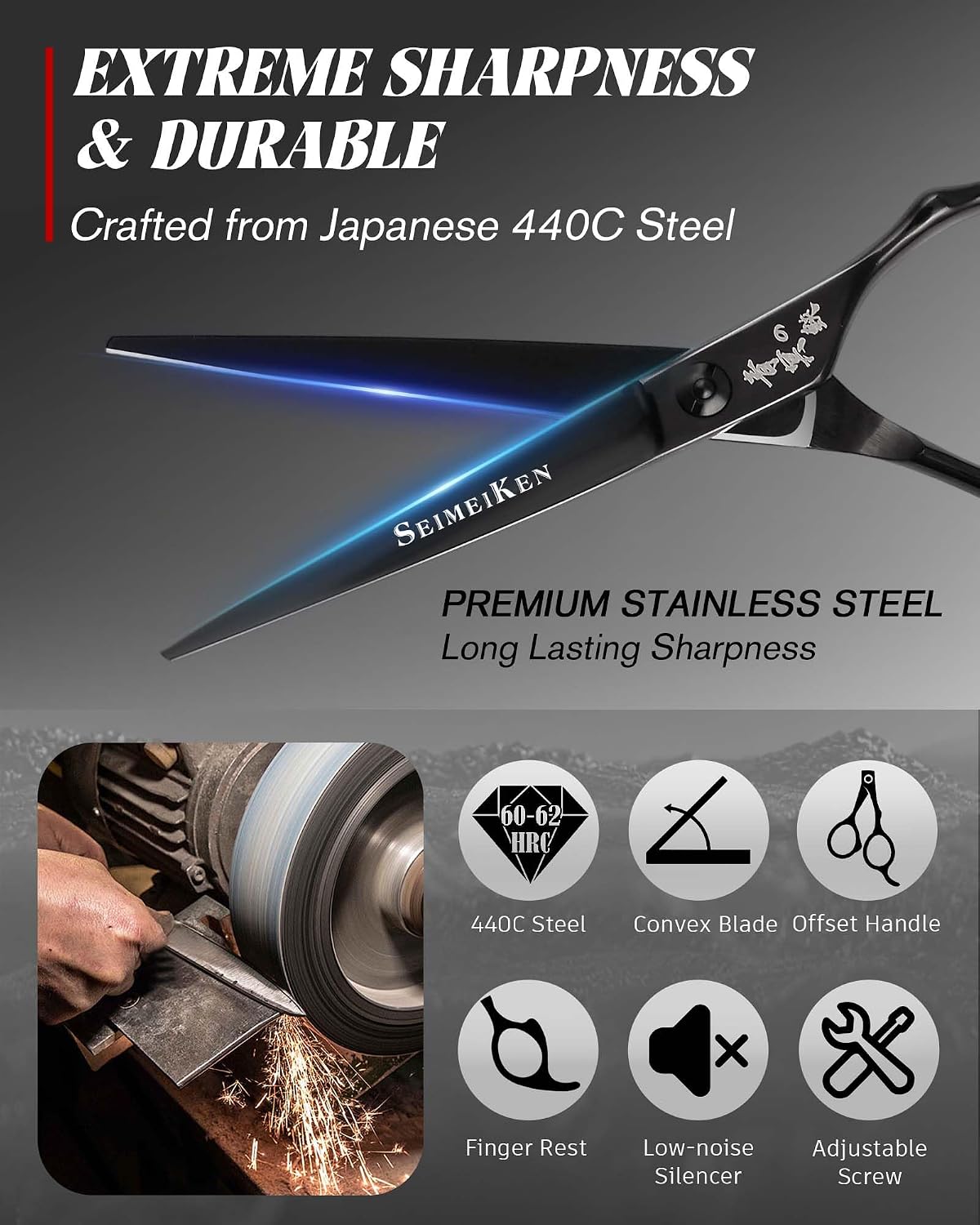 Hair Cutting Scissors Kit Professional, 6" Japanese 440C Stainless Steel Hair Scissors Set with Fine & Wide Tooth Comb and Rat Tail Parting Comb, Salon-Quality Haircut Scissors for Barbers & Home Use