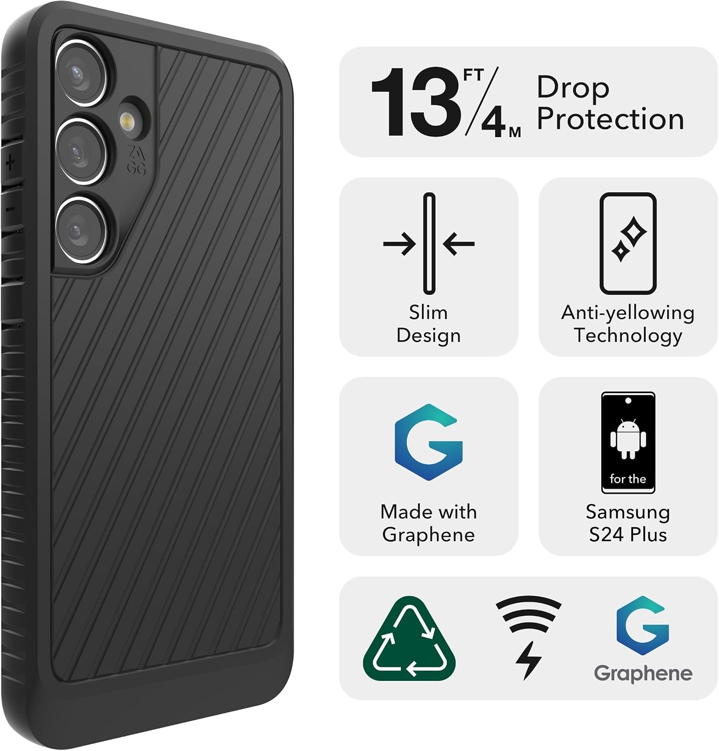 ZAGG Everest Samsung Galaxy S24+ Case - Extreme Triple-Layer Graphene-Enhanced Protection, 20ft Drop Resistant, Eco-Friendly, Non-Slip Grip, Black