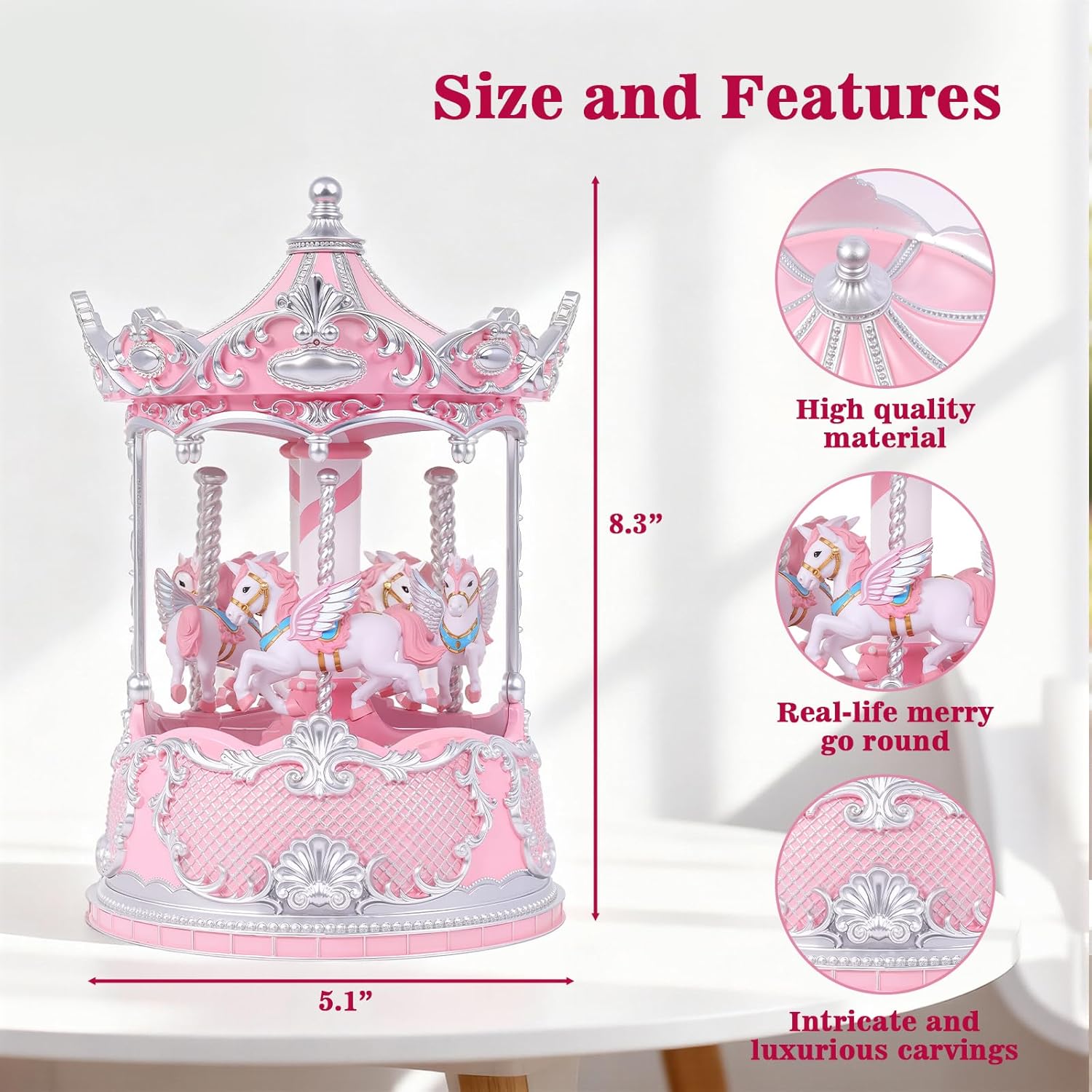 Valentine's Day Gift Pink Carousel Horse Snow Globe Music Box with Rotating Horses Musical Unicorn Snow Globe with Glitter for Girls, Women, Mom, Valentine's Day Birthday Gifts (Pink Silver Carousel)