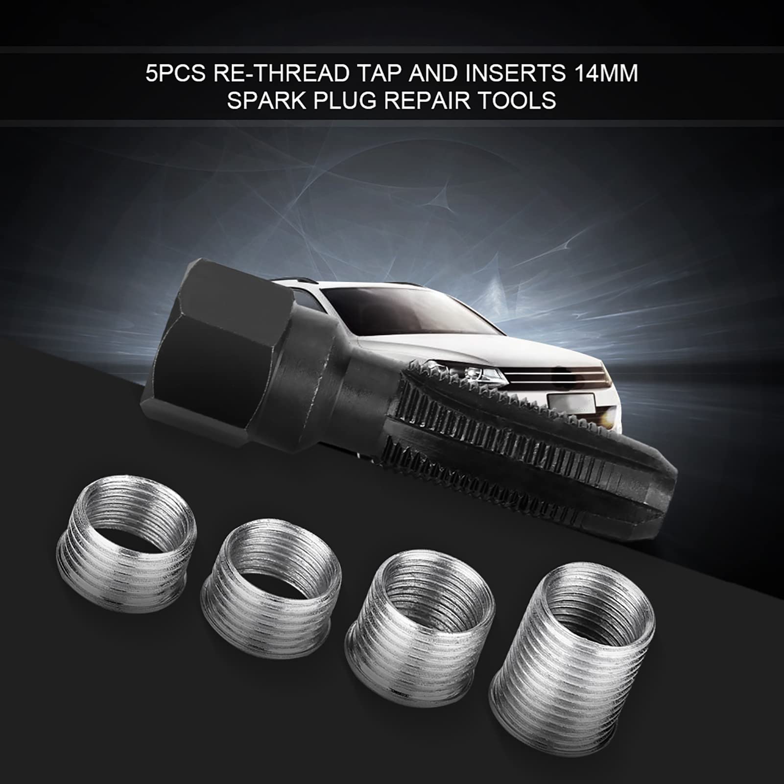 5 Piece Set of Carbon Steel Spark Plug Re threader Tools with Inserts, Suitable for 14mm Sparking Plug Repairs