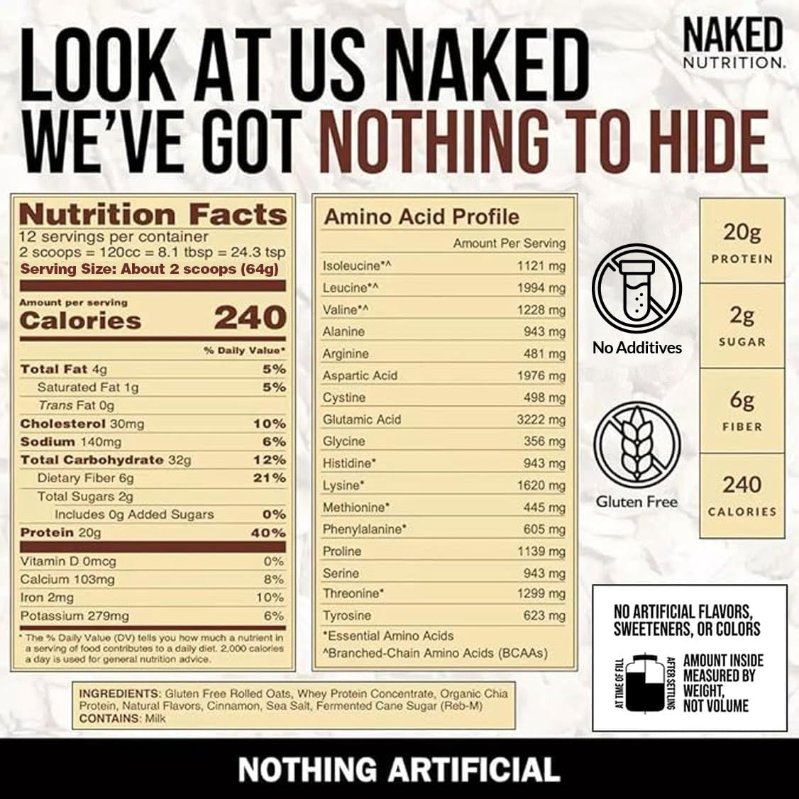 Naked Oats - Cinnamon Overnight Oats, 20g Whey Protein, Gluten-Free Oatmeal Instant Breakfast or Shake, High Protein Oatmeal, High Fiber Breakfast Shake, Non GMO, No Soy - 12 Servings