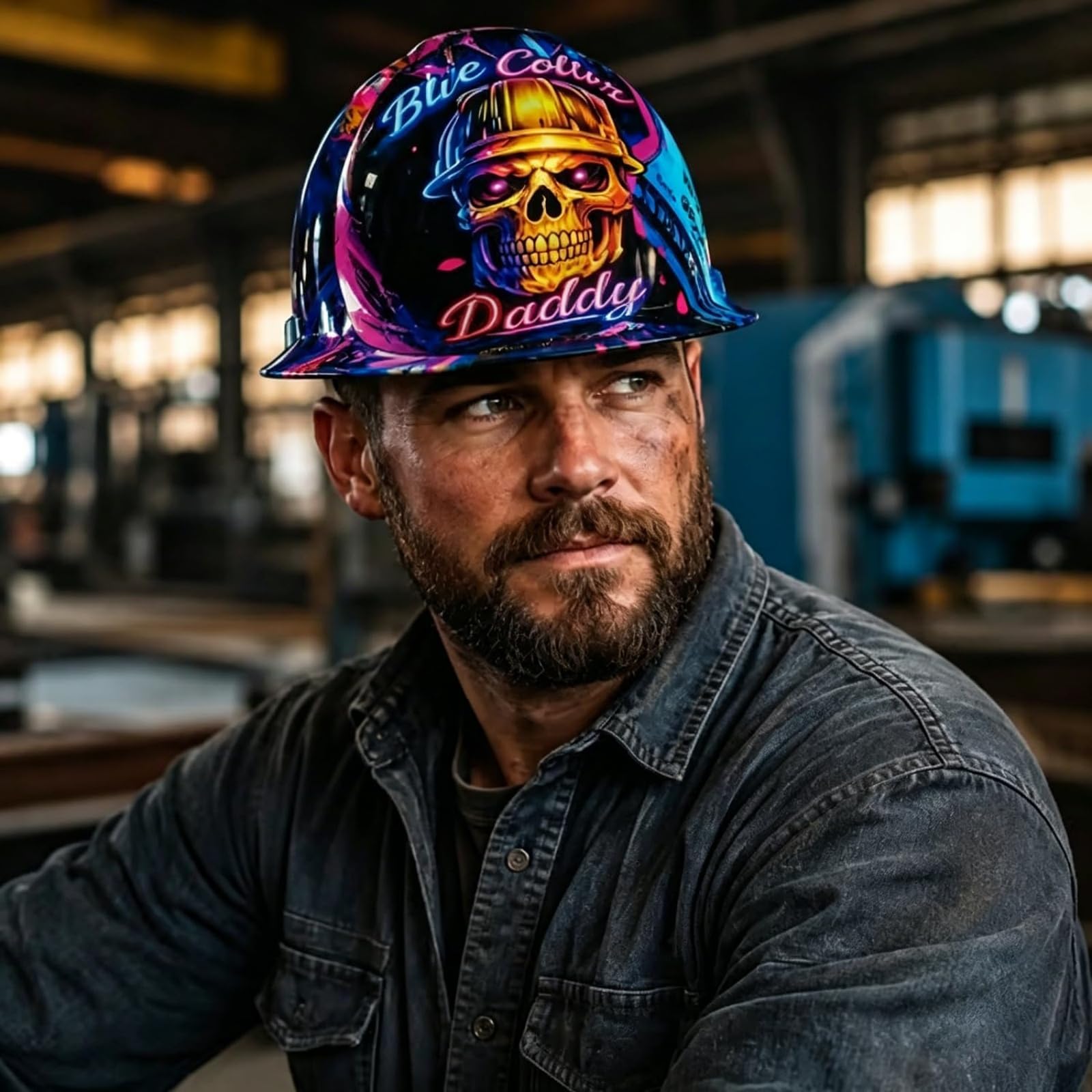 Casco da cantiere "Blue Collar Daddy" con stampa idrografica, casco da cantiere divertente, casco di sicurezza rigido con grafica a teschio, equipaggiamento da lavoro resistente agli urti