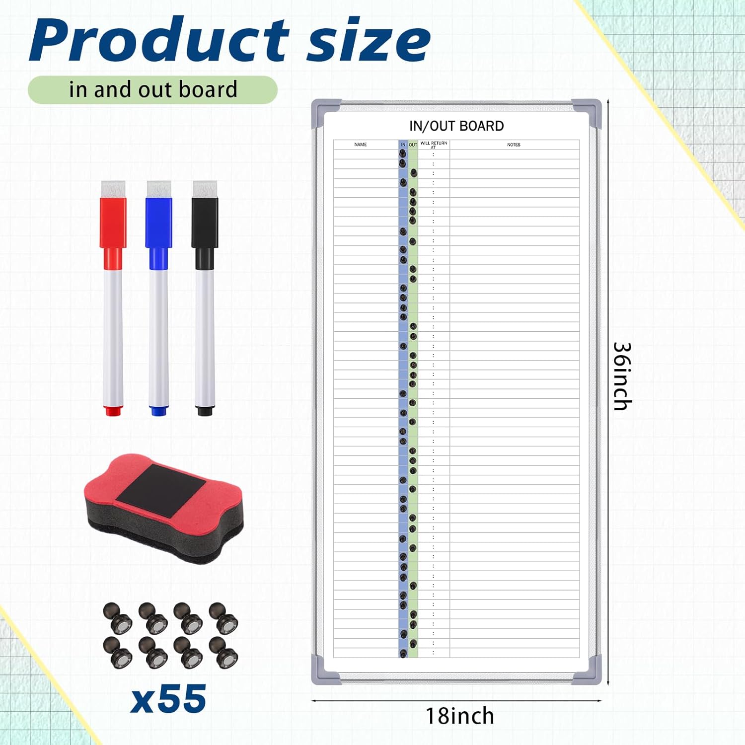 lincia in and out magnetic dry-erase board 36 x 18 aluminum framed white board with lines 53 names with magnetic dry-erase marker, eraser, and 55 magnets wall-mounted for office employee 36" x 18" regular styles