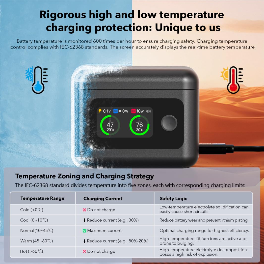Caja de Carga de Batería Portátil de Doble Ranura para Insta360 X6 Concentrador de Carga Inteligente con Pantalla LCD Estuche de Almacenamiento de Cargador de Batería Rápido de 27W，Black，Black