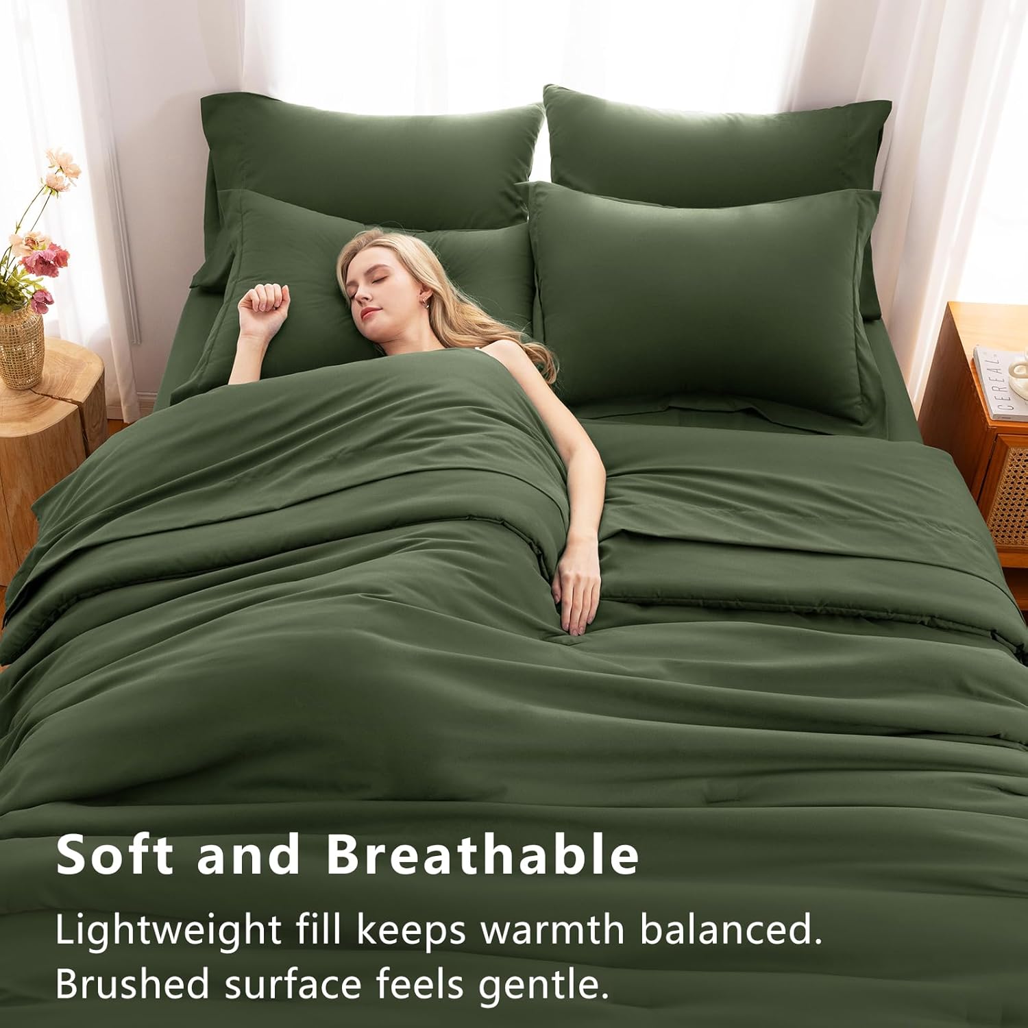 CozyLux Queen Comforter Set Olive Green, 7 Pieces Bed in a Bag Queen Comforter Set with Sheets, Bedding Sets with Down Alternative Comforter, Fitted Sheets, Flat Sheets, Pillow Shams and Pillowcases - Image 5