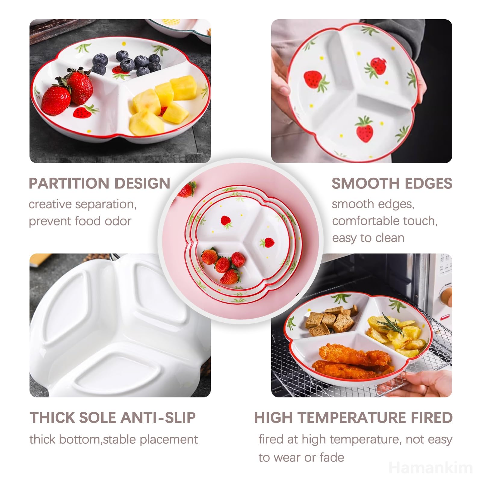 Platos de control de porciones, bandeja dividida para cena y postre con 3 compartimentos, plato de cerámica para control de porciones