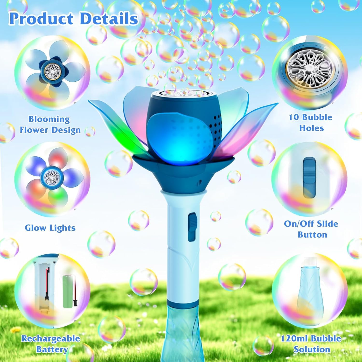 SAMVARDHAN Electric Bubble Stick for Kids, Automatic Bubble Machine 10000+ Bubbles Light Up Flower Bubble Wand Bubble Toys for Summer Outdoor Party Wedding (Blue) — Amazon image 6