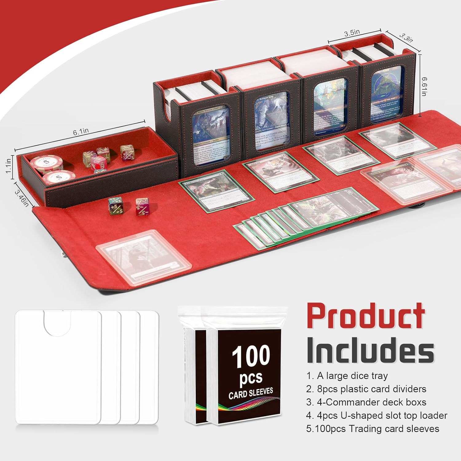 Card Deck Box with MTG Commander Display, Fits 400+ Double-Sleeved TCG Cards, 5-in-1 Card Storage Box with Handle,Removable Deck Case＆Dice Tray(Black&Red)