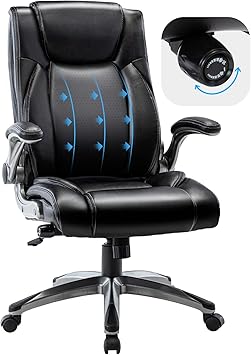 COLAMY Executive Office Ergonomic Chair with Thick Bonded Leather, Flip-up Armrests, High Back Adjustable Height and Tilt for Working, Study, Gaming