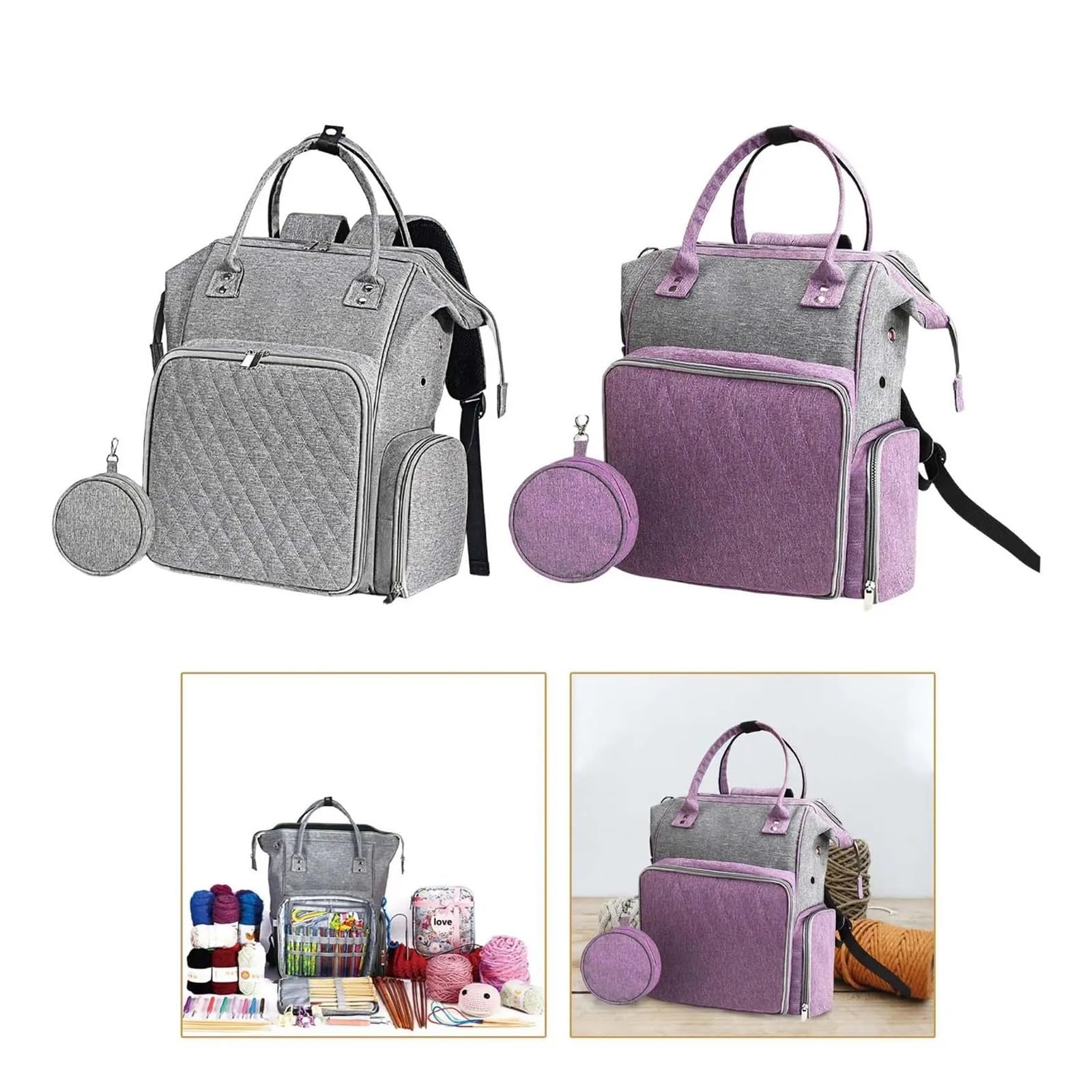 Handarbeitstasche Stricktasche, Rucksack, Aufbewahrungs-Organizer, Stränge, Häkeltasche, Strick-Einkaufstasche(Gray Purple)