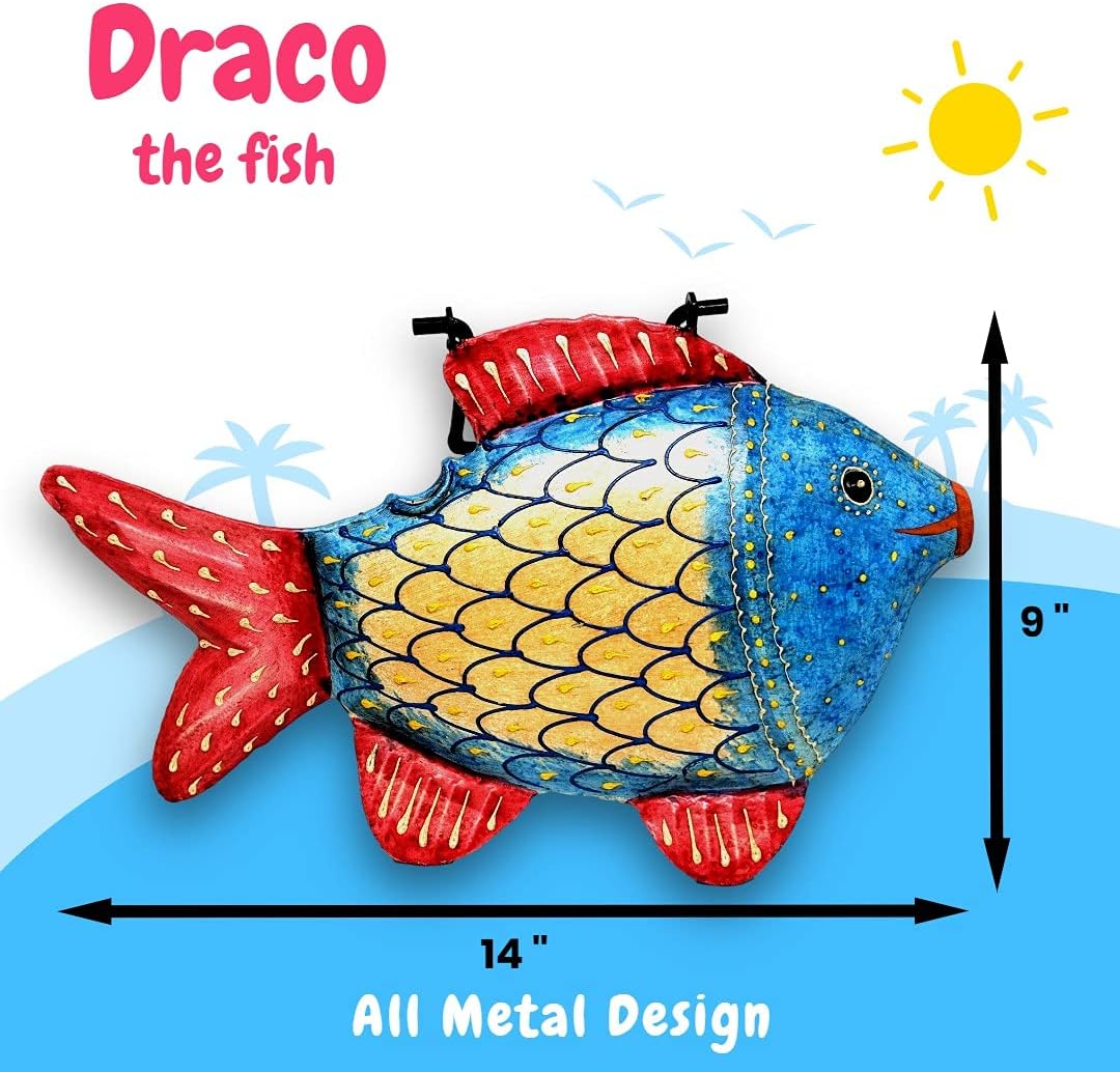 Fun Tropical Fish Shaped Metal Watering Can for Outdoor/Indoor Use on House Plants, Flowers, or Garden - Decorative and Functional Design Handcrafted and Painted by Metal Artisans (Draco)