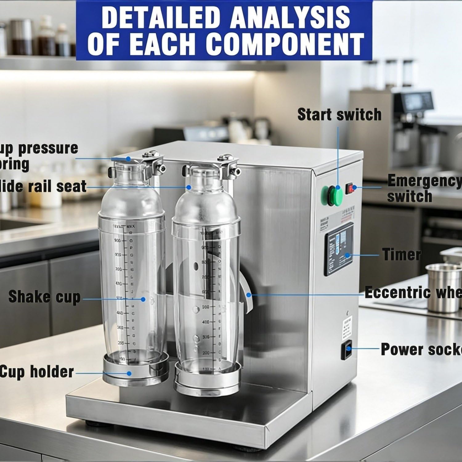 Elektrischer Milchtee-Shaker | Doppelbecher-Getränkemixer | Edelstahl, inklusive 2 Bechern, für Boba-Läden und Kaffeestationen