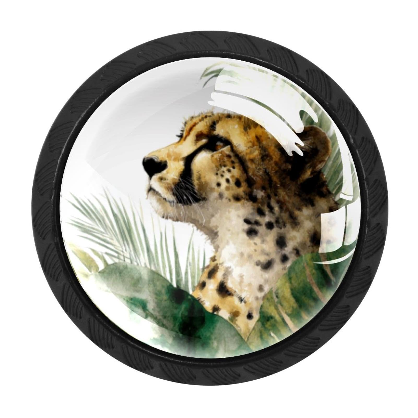 CHENZZZZ 4 PCS Cheetah and Palm Leaves (4) Crystal Glass Cabinet Knob Drawer Pull Handle for Kitchen Cupboard Dresser Wardrobe etc