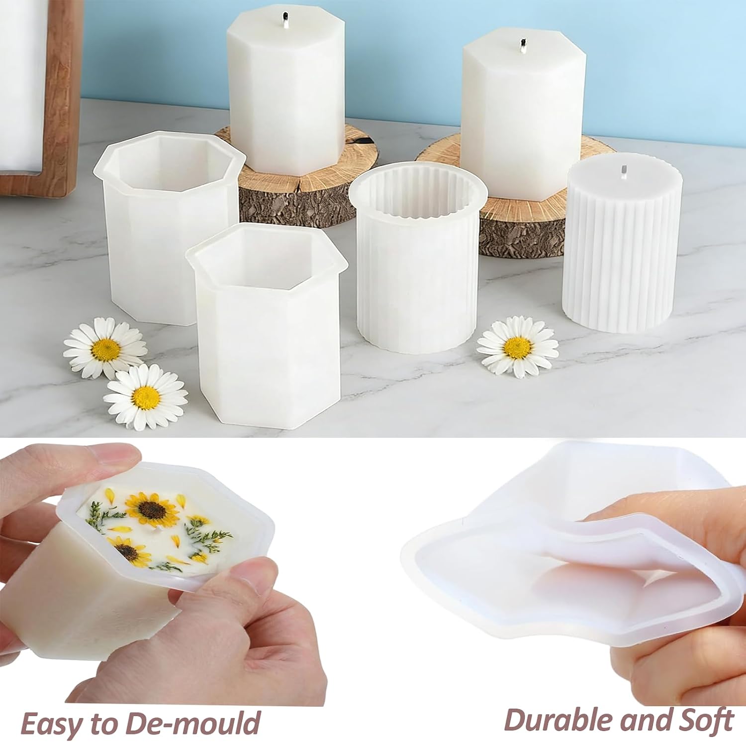8PCS Silicone Candle Molds Set – Heart, Flower, Cylinder, Hexagon, Square, Octagon – Easy Release, Reusable Candle Making Kit for DIY Soap, Resin, Wax – Home Decor & Holiday Gifts