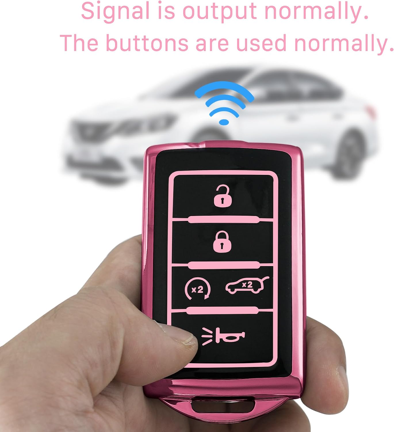 Kirsnda key fob cover with metal buckle Compatible with jeep Grand Cherokee L Grand Wagoneer Smart Remote Key,key Accessories,TPU Protection Key Case(5 buttons Pink-B)